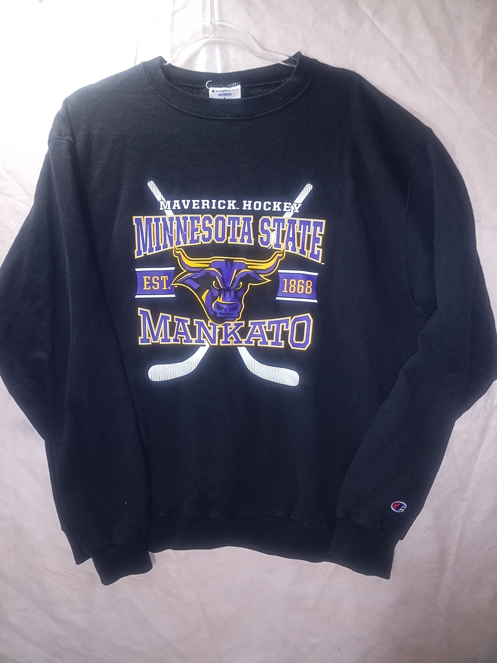 VTG Minnesota State Mankato Mavericks Champion Sweatshirt Hockey L Blk Hoodie